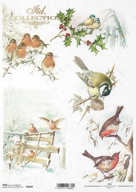 A4 Winter birds with holly Rice Paper