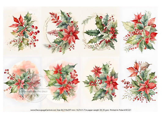 A4 Poinsettia Elements Rice Paper - Christmas