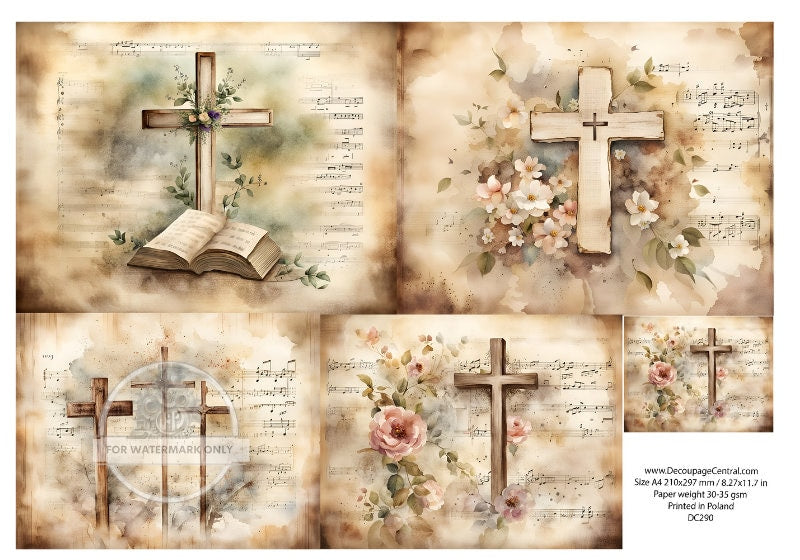 A4 Crosses Rice Paper - Faith, Cross, Floral, Bible