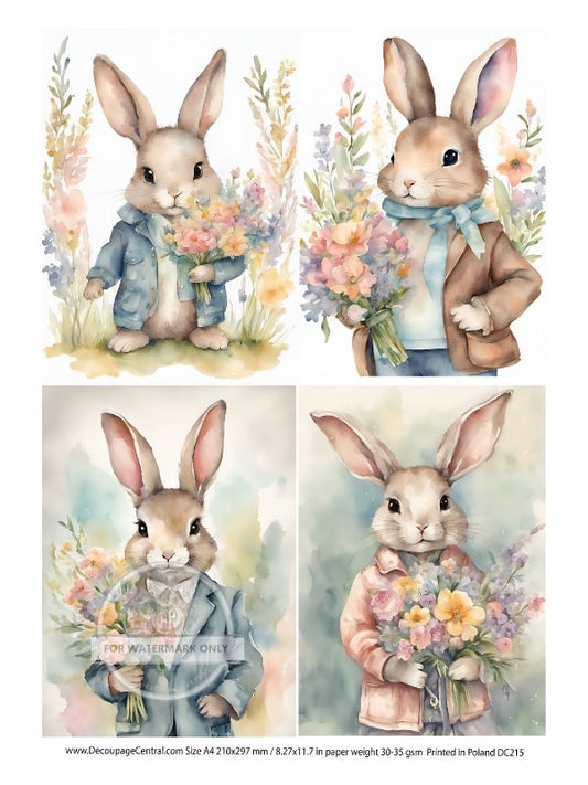 A4 Bunny with a bouquet Rice Paper