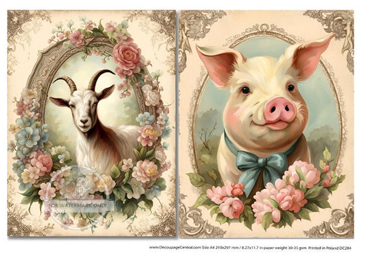 A4 Framed Dapper Pig and Goat Rice Paper